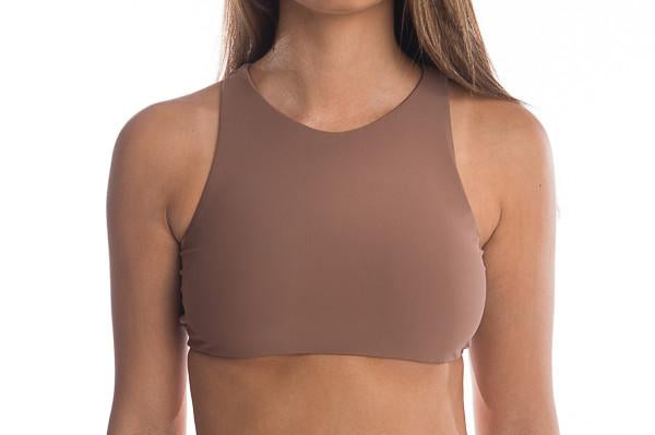 Lara high neck, action back active crop in nude. GERRY CAN