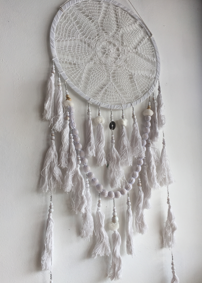WHITE CROCHET FEATHER DREAMCATCHER WALL HANGING