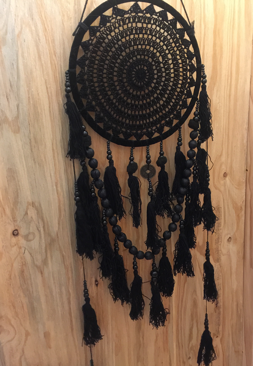 CROCHET BLACK FEATHER DREAMCATCHER WALL HANGING