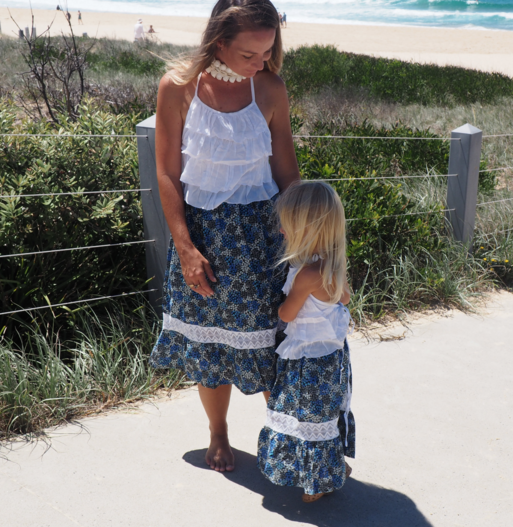 ILUCA the label: MADDISON BLUE SKIRT W/ CROCHET DETAIL- WOMENS- Handmade of organic cotton and crochet