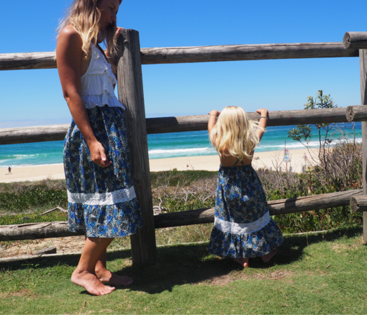 ILUCA the label: MADDISON BLUE SKIRT W/ CROCHET DETAIL- WOMENS- Handmade of organic cotton and crochet