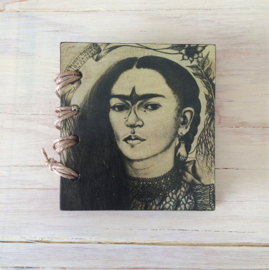 KazMexico  FRIDA KAHLO SMALL RECYCLED PAPER JOURNAL-  SELF PORTRAIT WITH TEARS AND HUMMINGBIRD EYEBROWS