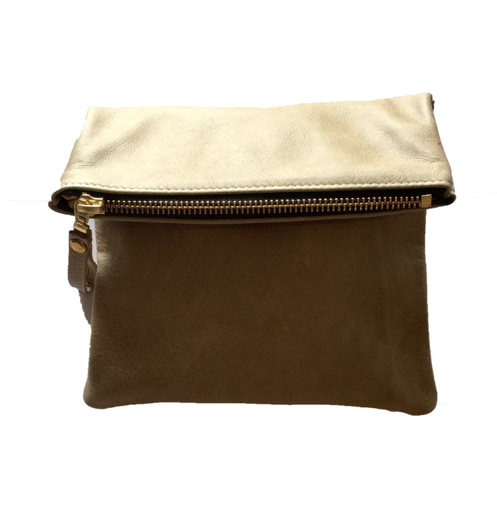Large Dusty Olive Genuine Handmade Leather Clutch with Metallic Detailing