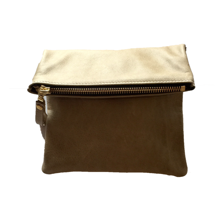 Large Dusty Olive Genuine Handmade Leather Clutch with Metallic Detailing