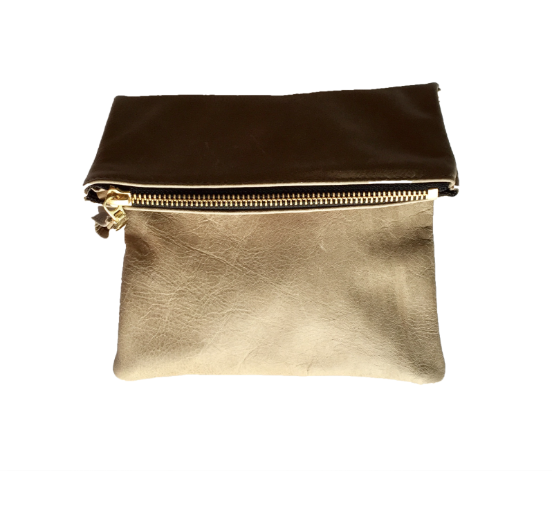 Large Dusty Olive Genuine Handmade Leather Clutch with Metallic Detailing