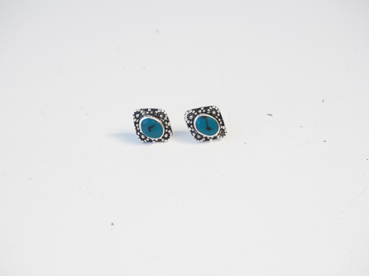 Diamond Shape Turquoise Hand Made Sterling Silver Earrings