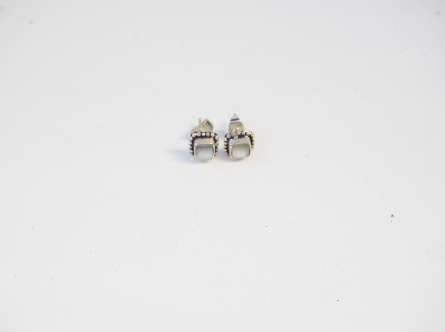 White Stone Rectangle Sterling Silver Hand made Stud Earrings
