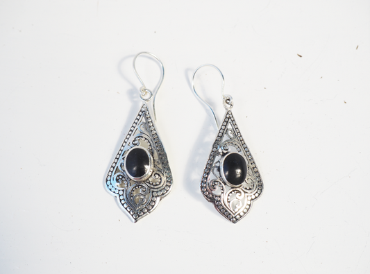 JET IGNITE BLACK STONE - INDONESIAN CARVED DANGLE EARRINGS