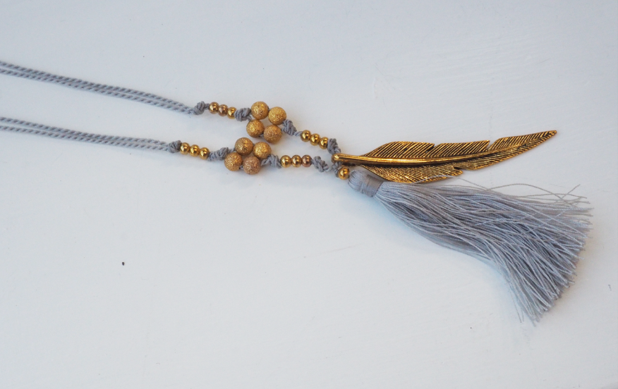 Gold Leaf Charm Necklace - Light Grey/  Blue