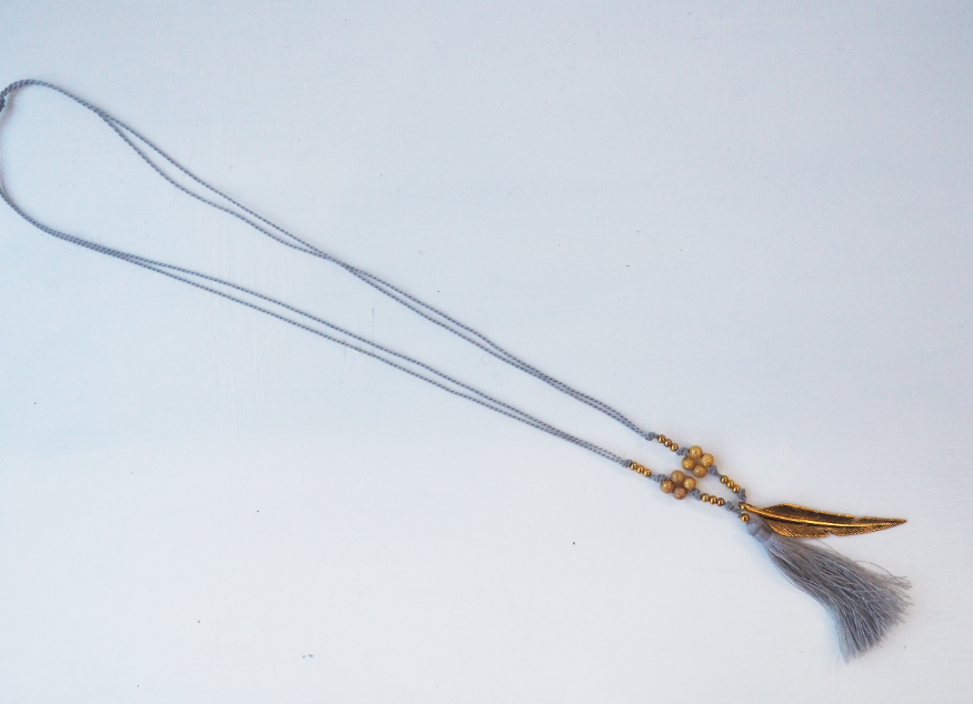 Gold Leaf Charm Necklace - Light Grey/  Blue