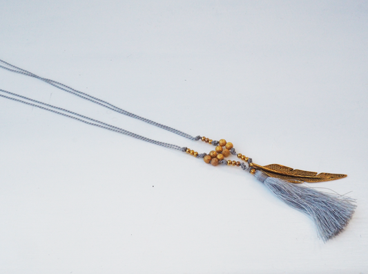 Gold Leaf Charm Necklace - Light Grey/  Blue