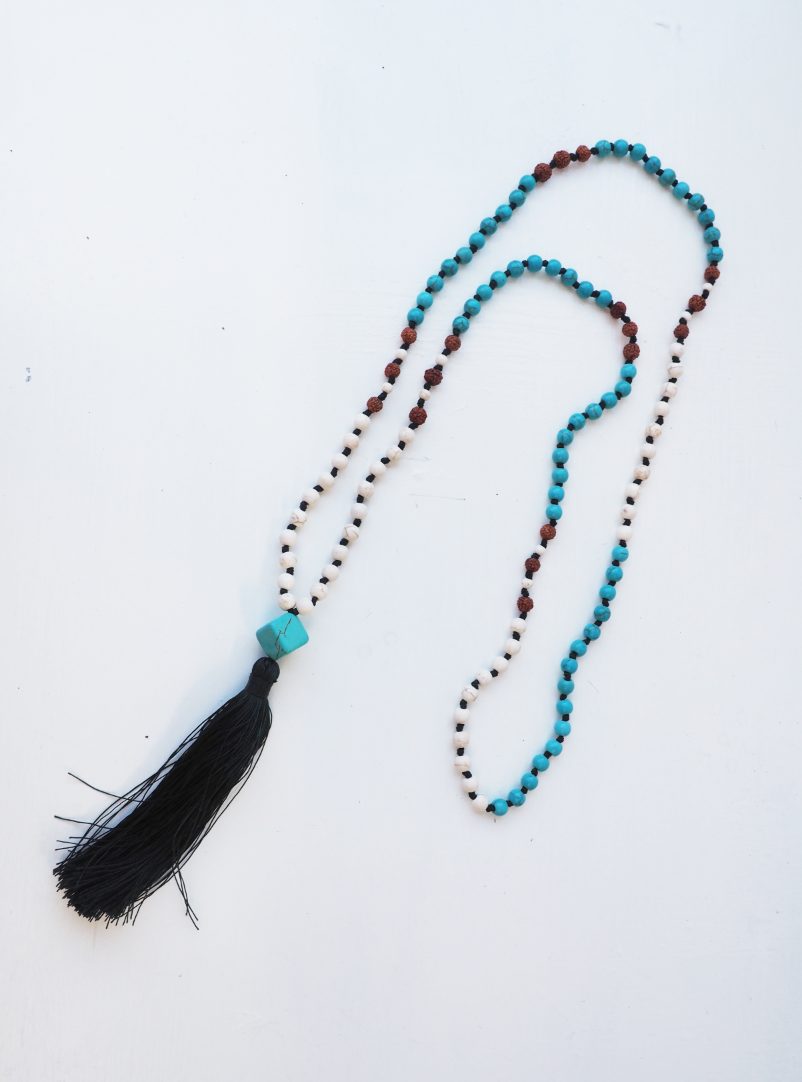 Turquoise And Neutral  Beaded Necklace with Navy Tassel