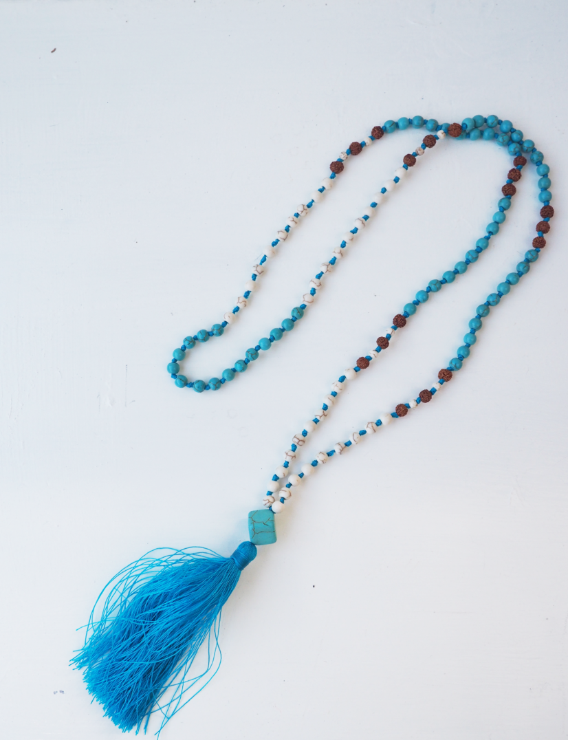 Turquoise And Neutral  Beaded Necklace with Aqua Tassel