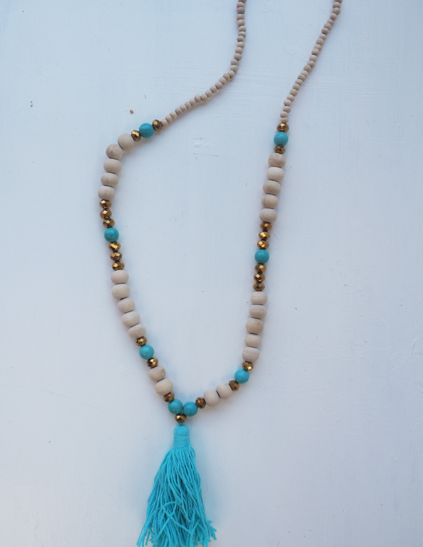 Turquoise and Metallic Beaded Tassel Necklace- 'Tribal Lady'
