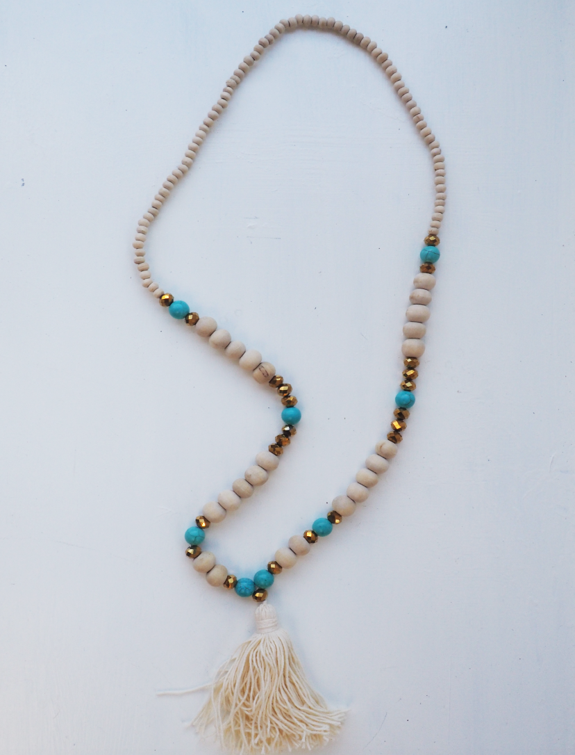 Natural Cream and Metallic Beaded Tassel Necklace- 'Tribal Lady'