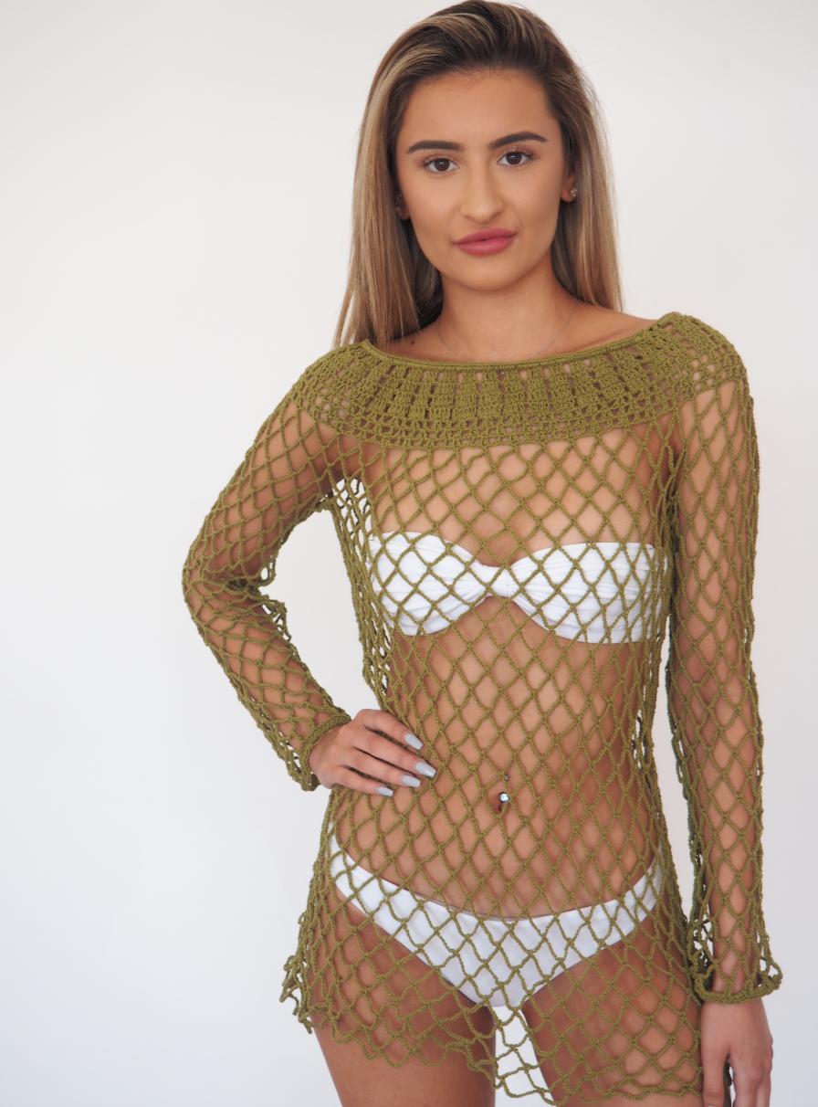 LUI Crochet Dress in Olive little slip crochet dress to be worn over swimwear or clothing  GERRY CAN 
