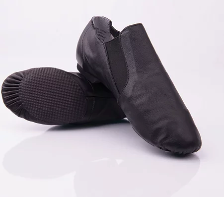 leather slip on jazz shoe with elastic side for comfort in black 