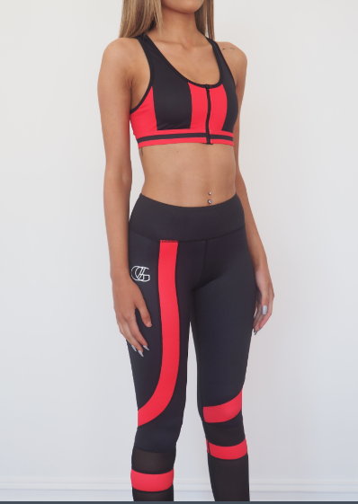 peak pro full length legging are black with linear colour blocking to elongate the legs and mesh to keep you call, squat proof and suitable for gym, street, yoga. by Gerry Can