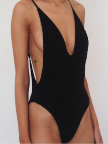 ADALINE // ruched lycra minimal high cut one piece, plunge front and back suit. GERRYCAN