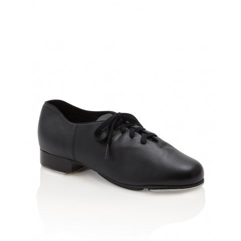 capezio cadence lace up black tap shoe with teletone taps for children.